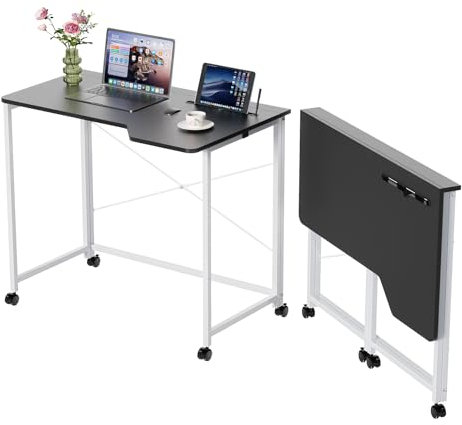 OXFENSEE Schreibtisch Klappbar mit Rollen, klappschreibtisch,Klappbarer Tisch mit Tablet-Schlitz,PC Schreibtisch 360 Drehbaren, Bürotisch Schreibtisch Holz Officetisch(Schwarz,90x56x75cm)