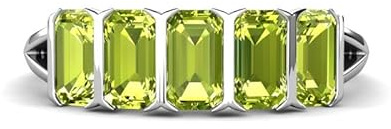 Peridot Smaragdschliff 5x3mm Fünf Stein Ring | Sterling Silber 925 Mit Rhodinierung | Wunderschöner Evergreen Bandring Mit Lünettenfassung