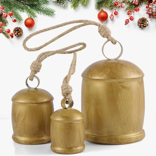 Rowfad 3 Pcs Harmony Cow Bells Vintage Christmas Gold Bells, Decorative Large Rustic Hanging Bell Ornaments for Christmas Mantel Garlands Table Centerpiece Set of 3 (3)