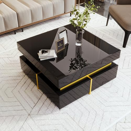 Merax Coffee Table with Storage, Black High-Gloss Square Coffee Table Centre Table for living room, with 2 Drawers, Gold Accents, 70 * 70 * 35.5cm