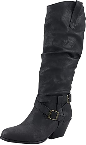 HOOUDO Stivali Alti,Comode Stivaletti Cowboy Invernali Stivali Donna con Tacco Neri Cowboy Scarpe Stivaletti Texani Vera Pelle Eleganti Stivaletto