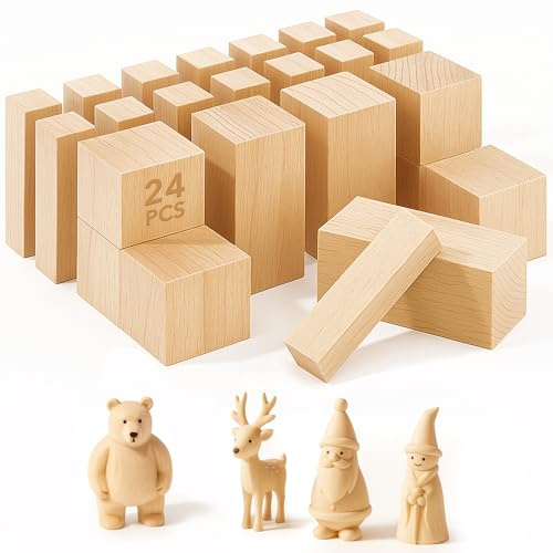 24-Pack Basswood Wood Block for Craft: Multi-Size Soft Carving Blocks | Unfinished Carving Wood Kit for Whittling Model Making and DIY Craft Projects - Ideal for Beginners and Art Students