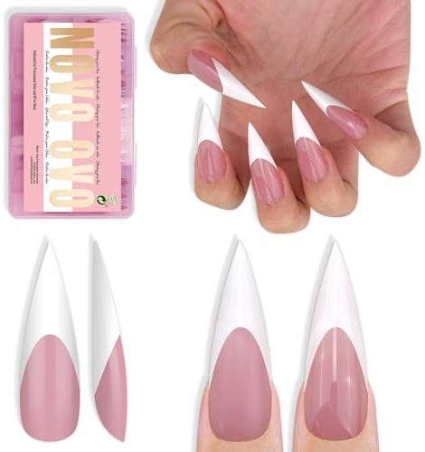 NOVO OVO White French Tip Long XL Sharp Stiletto Nail Tips Press on BERRY PINK, Soft Gel Double Matte Fake Nail Extension, Full Cover False Nails for Acrylic DIY x 16 Sizes 160 pcs