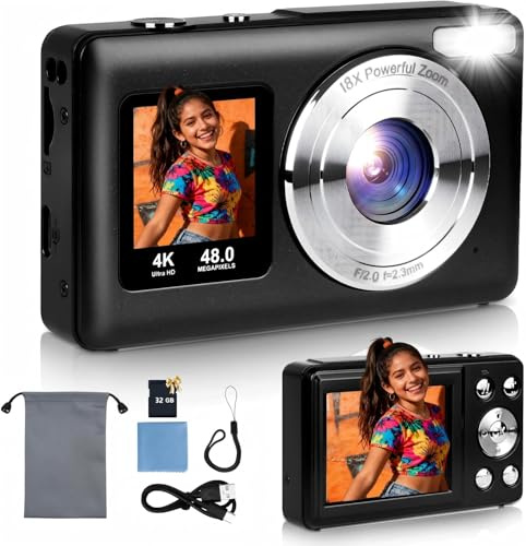 TEKXDD Appareil photo numérique avec double écran, HD 4K de 48 MP, appareil photo compact portable avec zoom numérique, 18 fonctions anti-vibrations, carte de 32 Go pour enfants/garçons/débutants