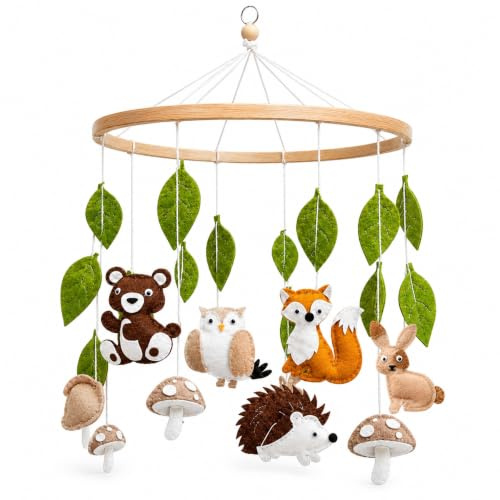 Baby Mobile Halterung Holz,Mobile Waldtiere, Tierchen Waldtiere Bettglocke aus Filz Babybett Bettglocke Anhänger Mobile Babyzimmer Deko Neugeborenen Geschenk für Baby Jungen und Mädchen