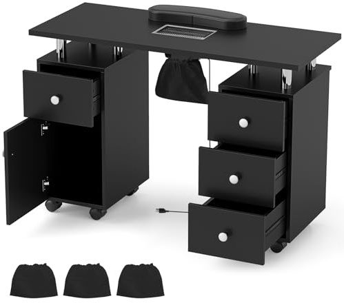 DREAMADE Table Manucure avec Aspirateur, Bureau Onglerie avec 8 Roues, 3 Sacs à Poussière, Repose-Poignet, Tiroirs & Armoire, pour Salon de Beauté, Spa, Maison (Noir)