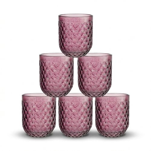 INDE SANTA CLARA | Set 6 Vasos de Cristal Agua 270cc Orbel Morado, Vasos Agua de Vidrio Relieve Morado, Aptos Lavavajillas y Microondas
