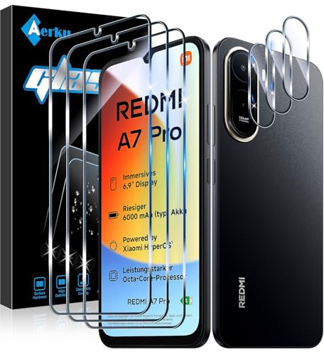 Aerku Schutzfolie für Xiaomi Redmi A7 Pro 4G für Panzerglas | 3 Stück Schutzglas und 3 Stück Kameraschutz, 9H Härte Panzer Schutz Glas, 0.33mm Ultra-klar Folie, Anti-Kratzen Displayschutz