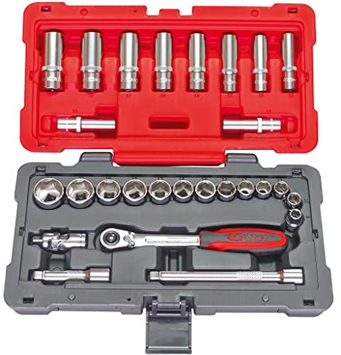 KS TOOLS 922.0627 - Coffret de douilles et accessoires 3/8 - Gamme Ultimate - 6 pans - Coffret bi-matière avec coins renforcés - Finition chromée satinée - 27 pièces Rouge/Noir