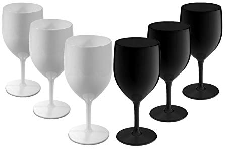 Virtually Glass MIXE Ensemble de 6 Verres à vin Noir et Blanc Plastique réutilisable en Polycarbonate irréversible (310 ML à la Jante Hauteur 18.8 cm, diamètre Max. 8.1cm)