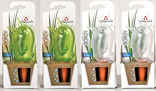 Scheurich Wasserspender Bördy S | 4er Set Grün/Transparent | 90 ml Füllmenge | Bewässerungskugel klein mit Ton Fuß | Wasserspender Pflanzen und Blumen Terrakotta Stiel