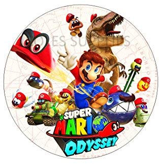 INKREDIBLE EDIBLES Mario Odyssey gâteau comestible imprimé rond avec 13 pièces et 31 toppers à gâteau Blanc pour Anniversaire