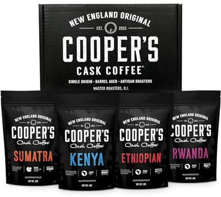 Gourmet Coffee Sampler Gift Box Set, Roasted Coffee Ground, Sumatra Dark, Kenya AA Medium-Dark, Rwanda Medium, Natural Ethiopian Light, Ground, 4 Bags, 16 oz Total