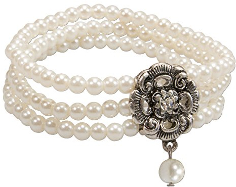 Alpenflüstern Perlen-Trachten-Armband Frederike - elastische mehrreihige Trachten-Armkette mit Strass-Mittelteil, eleganter Damen-Trachtenschmuck, Perlenarmband Creme-weiß DAB056