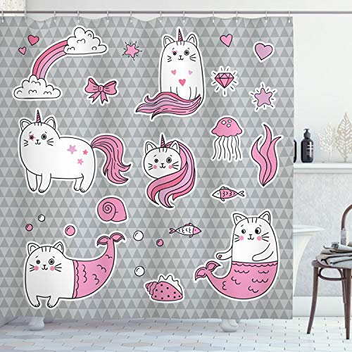 ABAKUHAUS Katze Duschvorhang, Mermaid Cat, Stoffliches Gewebe Badezimmerdekorationsset mit Haken, 175 x 180 cm, Grau Pale Pink Weiß