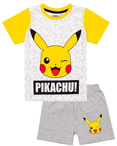 Pokemon Pikachu Face Grey Yellow Boy's Kids Short Pyjamas Nightwear Set