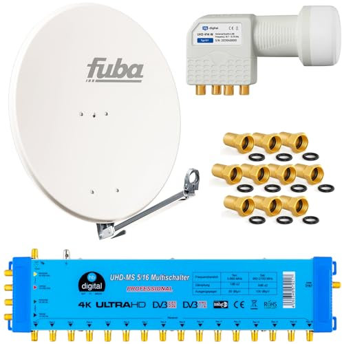 Profi-Sat-Anlage: Fuba 80cm Satellitenantenne DAL 800W weiß Aluminium Reflektor + HB-DIGITAL 5/16 Multischalter (1 Satellit / 16 Teilnehmer Multiswitch) + UHD Quattro LNB + vergoldete F-Stecker