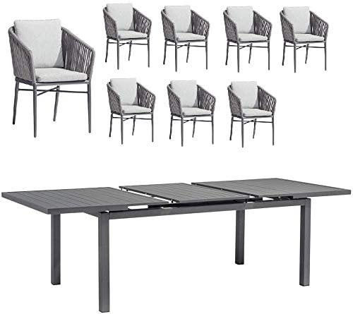 acamp Aluminium Gartenmöbel Set wetterfest Manhattan/Chicago | Gartentisch ausziehbar & 8er Set Gartenstühle | Sitzgruppe Garten für 8 Personen (9-teilig) | Terrassenmöbel Set in Anthrazit-Grau