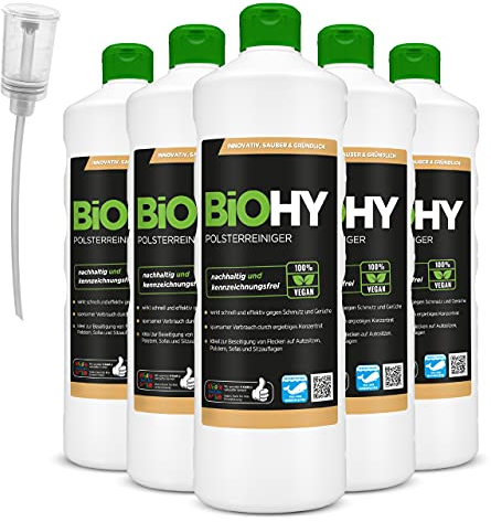 BiOHY Nettoyant spécial pour Meubles rembourrés (6 x 1l Bouteille) + Distributeur | Idéal pour Les sièges d'auto, canapés, Matelas, aspirateur à eau (Polsterreiniger)
