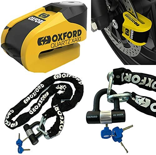 Oxford Quartz XA10 Yellow Disc Lock 10mm + Oxford HD Chain 1.5 metre OF159 Black (Black Yellow)
