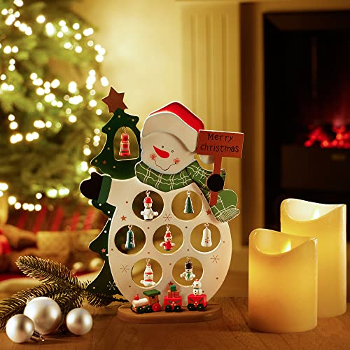 com-four® Mini-Schneemann aus Holz - Zierschmuck - Aufsteller mit vielen Ornamenten zum Aufhängen - künstliche Schneemannfigur für den Schreibtisch (01 Stück - Schneemann)