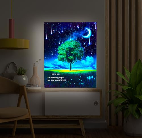 Dohwa blingco LED Lighted Canvas Wall Art Decor with Heartwarming Message, Relaxing Zen Pictures with Timer - Battery Operated, Anxiety Relief Gift for Bedroom or Home Posters (Worry Tree)