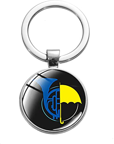 Gelber Regenschirm, blaues französisches Horn, bedruckter Schlüsselanhänger mit Aufschrift How I Met Your Mother, beliebte HIMYM TV-Show, Kristall-Schlüsselanhänger-Kollektion, weiß, L