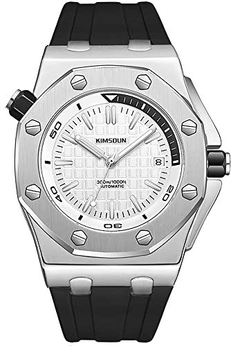 KIMSDUN Montres de sport élégantes, date calendrier, étanche, montre mécanique automatique, montre décontractée, fond transparent, bracelet en silicone pour hommes, étudiants hommes unisexe, Argenté,