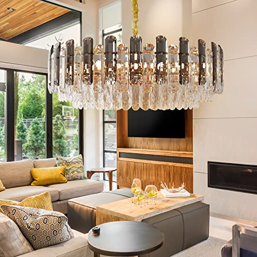 LUVODI Modern Rund Kristall Kronleuchter: 60cm 5 Ebenen Luxus Kristall Pendelleuchte mit 10 E14 Lichter - Dimmbar LED Deckenleuchte Höhenverstellbar für Wohnzimmer, Esszimmer, transparent grau