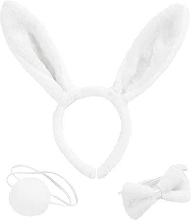MIVAIUN 3 Pièces Ensemble de Costumes D'animaux Ensemble D'habillage de Lapin Bandeau D'oreilles de Lapin Nœud Papillon Queue de Lapin pour Enfants Adultes Halloween Pâques Cosplay (Blanc)
