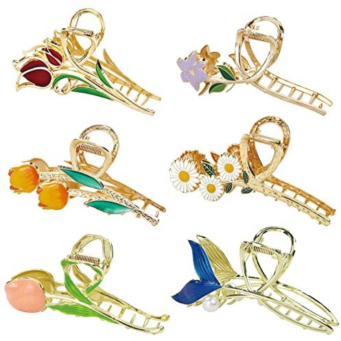 Cinaci 6 Pack Gold Metal Hair Claws for Women, Delicate Tulip Lily Daffodil Daisy Fishtail Decorative Hair Clips Claws Clamps with Strong Hold for Women Girls Thick Long Hair