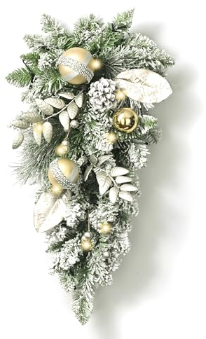 Valery Madelyn Guirnalda Navidad con 15 Luces LED, Decoraciones de Navidad con Bolas Doradas para Puerta Delantera, Escalera, Porche, Exterior, Ventana