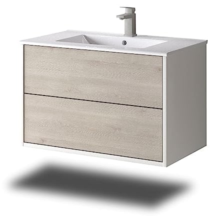 Stil.Zeit Evelia Badmöbel inkl. Waschbecken | Waschtisch mit Unterschrank 80.5 cm | Weiß/Dekor Pinie| Push-to-Open/hängend