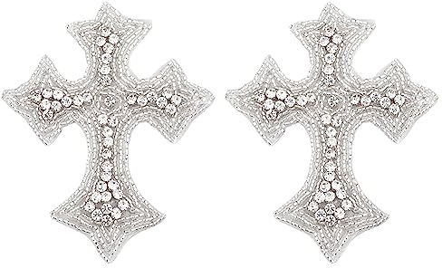 SUPERFINDINGS 2Pcs Beige Cross Appliques Patch Embroidery Iron on Sew on Clothing Patches 105x85x4.5mm Vintage Rhinestones Crucifixion Sewing DIY Badge Patches for Bag Dress Jacket Repairing