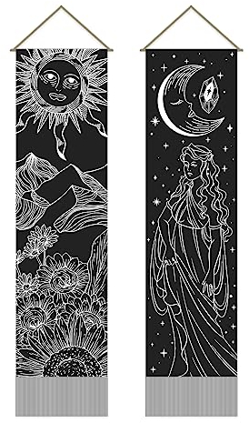 AHANDMAKER Tapisserie mit Tarot-Motiv, Sonne und Mond, psychedelischer Wandteppich, Kunst, mystische Gothic-Wanddekoration für Wohnzimmer und Schlafzimmer (130 x 33 cm), 2 Stück