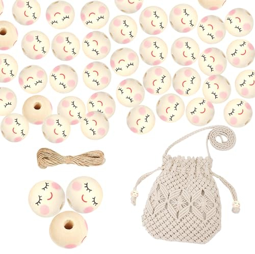 Lächeln Gesicht Holzperle, 100Pcs Für Sorgenwurm Holzkugeln Natur 20mm Mit Gesicht Für Schmuck Machen Zubehör, Keine Tasche (A)