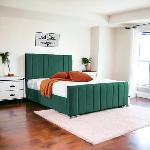 Living Comfort Bedz | Upholstered Lined panel luxury bed | Plush Velvet lift-up storage bed | Stylish ottoman King size bed frame with Elegant headboard Design (Green, King Gas Lift)