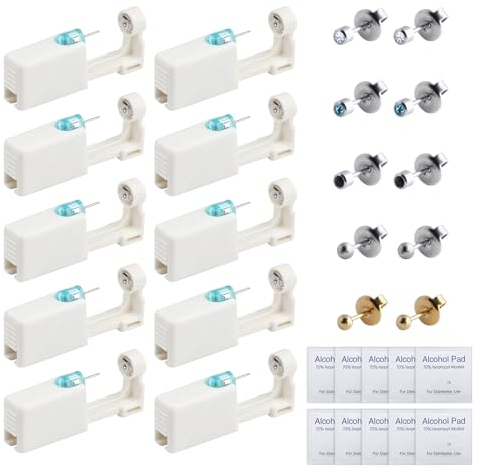 CONNECTION Ohrloch Stecher Set,Ohrlochstechpistole, Ohrlochpistole,Einweg-Ohr Steril Piercing Pistolen Kit mit Ohrstecker und Alkoholwatte,Ohrlöcher Selber Stechen Set für Mädchen Frauen Männer(10Pcs)