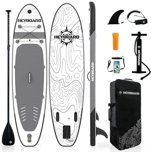 HEYBOARD Aufblasbares SUP Board, Stand Up Paddle Board 320x81x15cm mit Premium Zubehör inklusive Rucksack, verstellbarem Paddel, Handpumpe, Leine, Abnehmbarer Flosse, Streifen grau