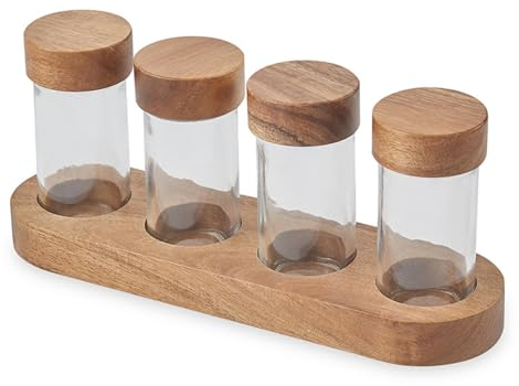 Jarsense 90ml Glass Jar Set in 4,Round Spice Glass Jar with Base,Acacia Wood Lid,Cumin Spice Jar,Spice Bottle,Cumin Spice Jar,For Seasoning,Candy,Tea & Coffee Bean Sealer Containers