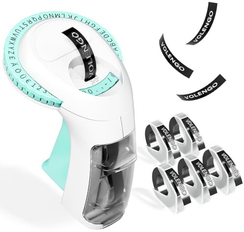 VolenGo Omega S Etikettenpräger, tragbarer Handheld-Retro-Etikettenpräger, Grüner manueller Etikettenpräger mit 5 Rollen 9mm schwarzem Prägeband, Geeignet für ältere Menschen und Kinder