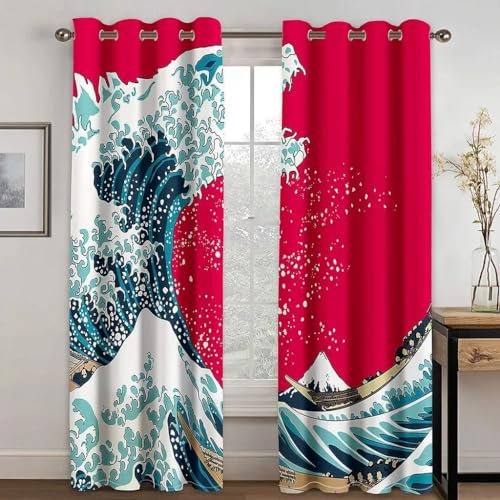 MLUNKQAIL Red Sea Curtains Spray 3D Blackout Curtains with Eyelets Cold and Heat Resistant for Bedroom Window Decoration 2 x W66 X L90