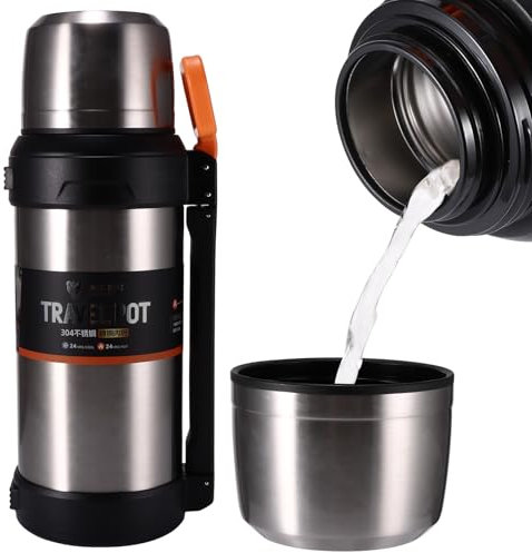 Hangrow Stainless Steel Water Bottle, 2L Insulated Vacuum Flask with Leakproof Cup Lid, Insulated Water Bottles for Hot and Cold Drinks (Silver)