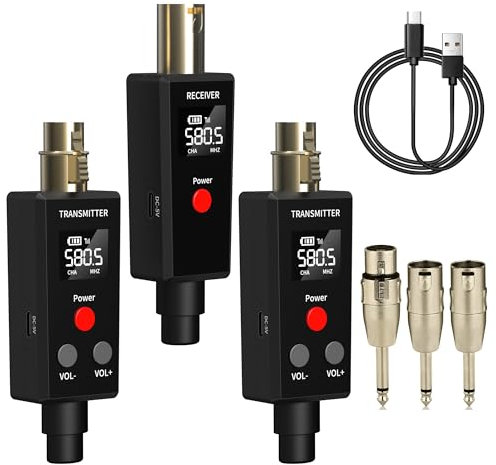 Elimavi Wireless Microphone System 2.4GHz Wireless Plug-In XLR Dual Transmitter and Receiver for Dynamic Mic, Mixers, PA Systems, 2 Transmitters to Connect Microphones for Simultaneous Transmission