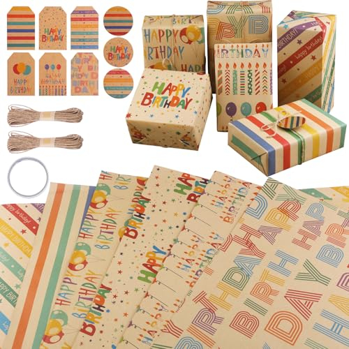 Zindoo Geschenkpapier Geburtstag, 6 Blatt 50x70cm Fröhlichen und Ansprechenden Designs Geschenkpapier mit 9 Beschriftbarer Geschenkanhänger und 20 m Strohseil- Perfekt für Frau, Mann oder Kinder