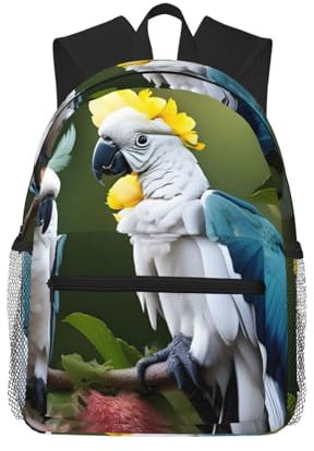 WURTON Schöner Unisex-Rucksack mit Kakadu-Vogel-Blumen-Motiv, doppelte Schultertasche, Tagesrucksack, leichte Tasche, Freizeittasche, Reiserucksack, Schwarz, Einheitsgröße