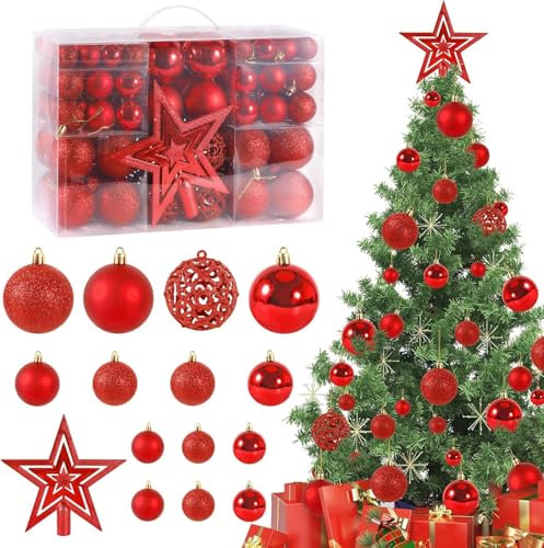 DIDUDE Juego de 101 Bolas de Navidad Rojas - Bolas de plástico para árboles de Navidad de diámetro Ø3, 4 y 6 cm - Adornos navideños de Bricolaje - Adornos navideños - con Dispositivo para Colgar