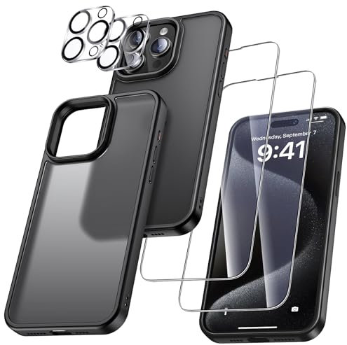 UniqueMe für iPhone 15 Pro Hülle, 5-in-1-Set Handyhülle für iPhone 15 Pro Case Rundumschutz Schutzhülle Cover,1 Handyhülle & 2 Schutzfolie & 2 Kameraschutz - Matt Schwarz