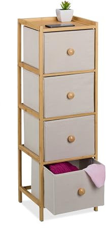 Relaxdays Kommode, HBT: 94 x 31 x 30 cm, 4 Stoffschubladen, Flur, Schlafzimmer, schmaler Schubladenschrank, beige/Natur