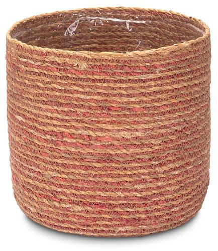 Decorasian Pot de fleurs en jonc de mer - Pot tressé - Panier décoratif avec insert en film plastique de style bohème - Naturel/rose - 24 cm